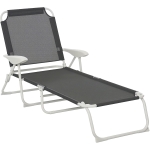 Outsunny Folding Lounge Chair, Portable Outdoor Chaise Lounge, Sun Tanning Chair with 4-Position Reclining Back, Armrests, Metal Frame and Mesh Fabric for Beach, Yard, Patio, Dark Gray