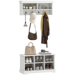 HOMCOM Coat Rack Shoe Bench Set, Entryway Shoe Bench with 8 Storage Cubbies, 4 Hooks for Hallway, Living Room, White