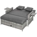 Outsunny 2 Piece Rattan Outdoor Daybed, 2 Seater Sofa Set with Footstool, Storage, Cushions and Pillows for Garden, Patio, Grey