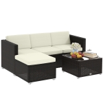 Outsunny 3 Pieces Patio Furniture Set with Cushions, Outdoor PE Rattan Wicker Conversation Corner Sofa Set with Glass Top Table and Adjustable Foot for Garden, Lawn, Cream White