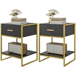 HOMCOM Modern Nightstand Set Of 2, Small Bedside Table with Drawer, Shelf and Steel Frame for Bedroom, Black