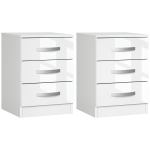 HOMCOM Modern Nightstand Set of 2, Bedside Tables with 3 High Gloss Drawers for Bedroom, White