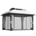 Outsunny 11' x 13' Patio Gazebo, Double Roof Outdoor Gazebo Canopy with Netting & Curtains, Galvanized Metal Frame, Light Grey