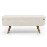 Oval Storage Ottoman Bench with Pleated Linen Fabric, Hidden Storage Footstool with Handmade Rubberwood Legs, 43.5" L x 16" W x 16" H, Beige
