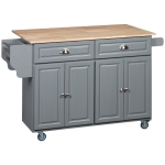 HOMCOM Kitchen Island with Storage, Rolling Kitchen Island with Drop Leaf, Rubber Wood Top and Adjustable Shelves, Grey