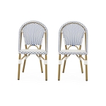 Set of 2 French Bistro Chairs with PE Rattan and Aluminium Frame, Outdoor Chairs with Bamboo Print Finish, 18.5'' L x 21.5'' W x 35'' H, White+Blue