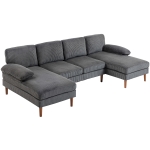 HOMCOM U Shape Couch with Double Chaise Lounge, Modern 4 Seater Sofa with Wooden Legs, Fabric Sofa for Living Room, Dark Grey