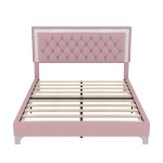 Queen Size Upholstered Bed Frame with LED Lights, Modern Velvet Platform Bed with Tufted Headboard, 84" L x 64" W x 44.5" H, Pink