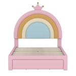 Twin Size Velvet Platform Bed with Storage Drawer, Upholstered Rainbow Design, Bed Frame for Children, 77.5" L x 40.5" W x 47" H, Pink