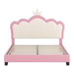 Full Size Upholstered Princess Bed with Crown Headboard, Solid Poplar Wood Frame, Bed Frame for Children, 80" L x 61.5" W x 44" H, Pink