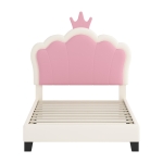 Twin Size Upholstered Princess Bed with Crown Headboard, Solid Poplar Wood Frame, Bed Frame for Children, 80" L x 41.5" W x 44" H, Cream