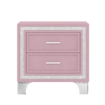 Mid-Century Vintage Nightstand with Silver Glitter Strip Decor, Velvet Bedside Table with Metal Legs and 2 Drawers, 22" L x 16" W x 22" H, Pink