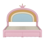 Full Size Upholstered Rainbow Design Bed with Velvet Finish and Storage Drawer, Bed Frame for Children, 77.5" L x 55.5" W x 47" H, Pink