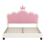 Full Size Upholstered Princess Bed with Crown Headboard, Solid Poplar Wood Frame, Bed Frame for Children, 80" L x 61.5" W x 44" H, Cream