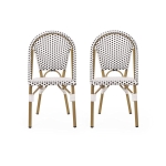 Set of 2 French Bistro Chairs with PE Rattan and Aluminium Frame, Outdoor Chairs with Bamboo Print Finish, 18.5'' L x 21.5'' W x 35'' H, White+Black