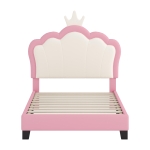 Twin Size Upholstered Princess Bed with Crown Headboard, Solid Poplar Wood Frame, Bed Frame for Children, 80" L x 41.5" W x 44" H, Pink