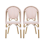 Set of 2 French Bistro Chairs with PE Rattan and Aluminium Frame, Outdoor Chairs with Bamboo Print Finish, 18.5'' L x 21.5'' W x 35'' H, White+Red