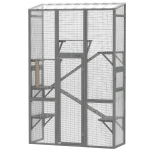 PawHut Wooden Catio Outdoor Cat Enclosure with 6 Jumping Platforms, Scratching Post, 2 Ramps, Waterproof Roof, Grey