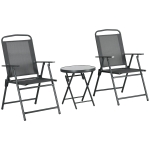 Outsunny 3 Pieces Bistro Set, Foldable Patio Furniture Set with Mesh Chairs, Glass Table for Garden, Balcony, Charcoal Grey