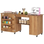 HOMCOM Sewing Machine Table with Drop Leaf, Folding Craft Table with 2 Doors and Adjustable Shelf for Small Spaces, Brown