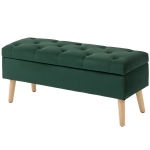 HOMCOM Storage Ottoman with Lid, Velvet Upholstered Storage Bench with Wood Legs for Living Room, Dark Green