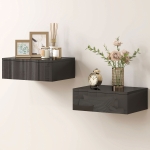 HOMCOM Set of 2 Wall Mounted Bedside Tables, High Gloss Floating Nightstands with Drawer for Bedroom, Black