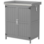 Outsunny Outdoor Storage Cabinet, Garden Tool Shed with Metal Tabletop and Shelf, Wooden Potting Bench with 2 Doors, Gray