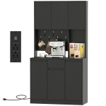 HOMCOM 71" Pantry Cabinet with Charging Station, Kitchen Storage Cabinet with Microwave Stand, Pegboard, 6 S-hooks, Black