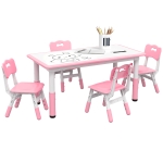 Qaba 5 Pieces Kids Table and Chairs, Height Adjustable Toddler Table and Chair Set with Storage, Easy to Wipe, Rectangular Table 4 Chairs for Classroom, for Daycare Classroom, 18 Months-5 Years, Pink