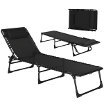 Outsunny Outdoor Folding Lounge Chair, 4-Level Adjustable Chaise Lounge with Headrest, Tanning Chair Beach Bed Reclining Lounger Cot for Camping, Hiking, Backyard, Black