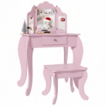 Qaba Kids Vanity Table and Stool, Makeup Vanity Girls Dressing Table Set with Tri-folding Mirrors Drawer Star and Heart Pattern, Pink