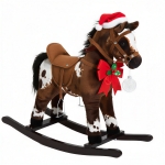 Qaba Kids Wooden Plush Ride-On Rocking Horse Chair Toy with Realistic Sounds Dark Brown/White