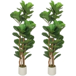 HOMCOM 5FT Artificial Fiddle Leaf Fig Tree Set of 2, Fake Potted Tree with Solid Wood Trunks for Indoor Decor, Green