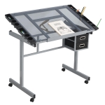 Adjustable Drafting Table Desk with 2 Fabric Drawers, 4 Locking Casters, Drawing Desk with Pencil Ledges, 40.5" L x 23.5" W x 31" H, Silver grey