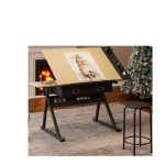 Adjustable Drafting Table Desk with Tilt Top, 2 Large Fabric Drawers, Drawing Desk with Side Pen Storage, 38.5" L x 23.5" W x 27" - 36" H, Maple