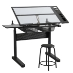Hand-Crank Adjustable Drafting Table with 2 Drawers, Pull-Out MDF Side Shelf, Tempered Glass Top Desk for Kids, 38" L x 23.5" W x 29.5" H, Black