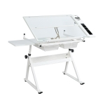 Adjustable Tempered Glass Drafting Table with 2 Metal Drawers, Chair, Powder-Coated Steel Frame Desk for Kids, 40" L x 23.5" W x 27.5" H, White
