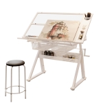 Hand-Crank Adjustable Drafting Table with 2 Large Metal Drawers, Drawing Desk with Tempered Glass Top, 40" L x 23.5" W x 29.5" H, White