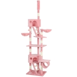PawHut 94"-102" Floor to Ceiling Cat Tree High Cat Condo Scratching Post Activity Center Multi-Level Play House Pink