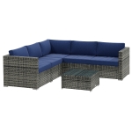 Outsunny 4 Pieces Rattan Wicker Outdoor Conversation Furniture Set w/ Corner Sofa Loveseats Coffee Table Cushions, Navy Blue