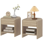 HOMCOM Nightstand Set of 2, Modern Bedside Table with Rounded Corners, Nightstand with Drawer and Open Shelf, Natural Wood