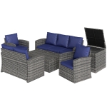 Outsunny 6 Pieces Wicker Patio Furniture Set with Cushions, 7-Seater Rattan Patio Sofa Set with Storage Table, Navy Blue