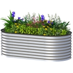 Outsunny 5 x 2.5 x 2 ft Galvanized Raised Garden Bed, Easy DIY Oval Planter Box with Safety Edging and Gloves, Silver