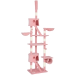 PawHut 94"-102" Floor to Ceiling Cat Tree High Cat Condo Scratching Post Activity Center Multi-Level Play House Pink