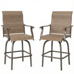 Outsunny Outdoor Bar Stools Set of 2, Swivel Bar Height Chairs with High Back, Curved Armrests and Steel Frame for Balcony, Brown