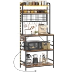 HOMCOM Kitchen Baker's Rack with Power Outlet and LED Light, 5-Tier Coffee Bar Station with 10 Hooks, Rustic Brown