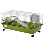 PawHut Small Animal Cage, Rolling Bunny Cage, Guinea Pig Cage with Food Dish, Water Bottle, Hay Feeder, Platform, Ramp, Green