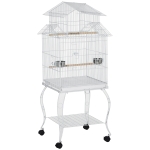 PawHut 53.9'' Large Rolling Steel Bird Cage Bird House with Detachable Rolling Stand, Storage Shelf, Wood Perch, Food Container, White