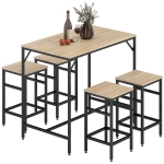 HOMCOM 5 Pieces Industrial Rectangular Bar Table Set, Dining Table Set Breakfast Table with 4 Stools for Dining Room, Kitchen, Dinette, Oak
