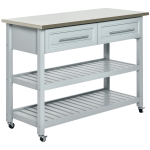 HOMCOM Kitchen Island with Stainless Steel Top, Traditional Kitchen Island with Storage, Butcher Block Cart 2-Tier Open Shelves, Drawers, Light Gray